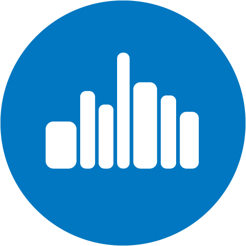 White stylised vertical bar logo on a blue circular background