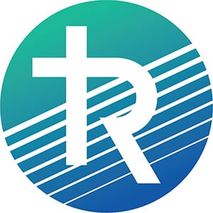 Circular teal-to-blue logo with white stylised cross and letter R over diagonal white stripes