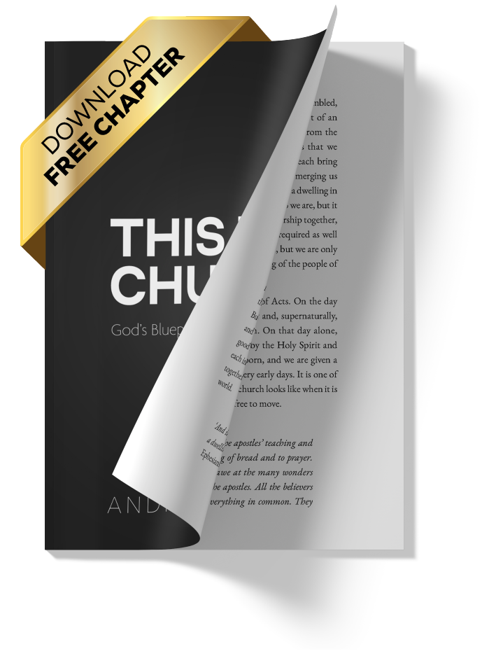 Mockup of a black book titled 'This Is Church' with a curled page and a gold ribbon reading 'Download Free Chapter'