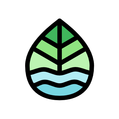 Circular logo with a stylised leaf: green segmented top and blue wavy lines at the base, black outline on a white background