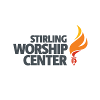 Stirling Worship Center logo showing bold grey text and a stylised orange flame and torch on a white circular background