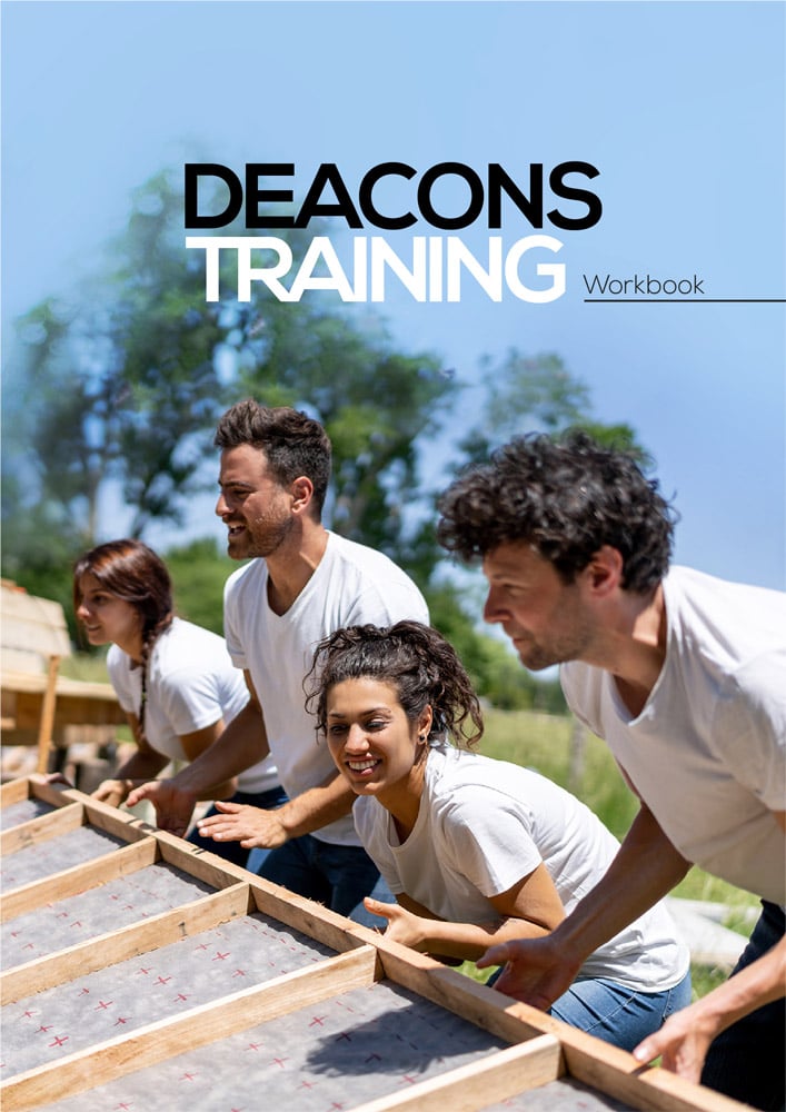 Cover of the Deacons Training workbook showing four volunteers in white shirts working together outdoors on a wooden frame