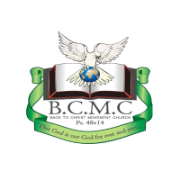 Back to Christ Movement Church logo showing an open Bible, globe, dove and green ribbons with the text 'B.C.M.C'