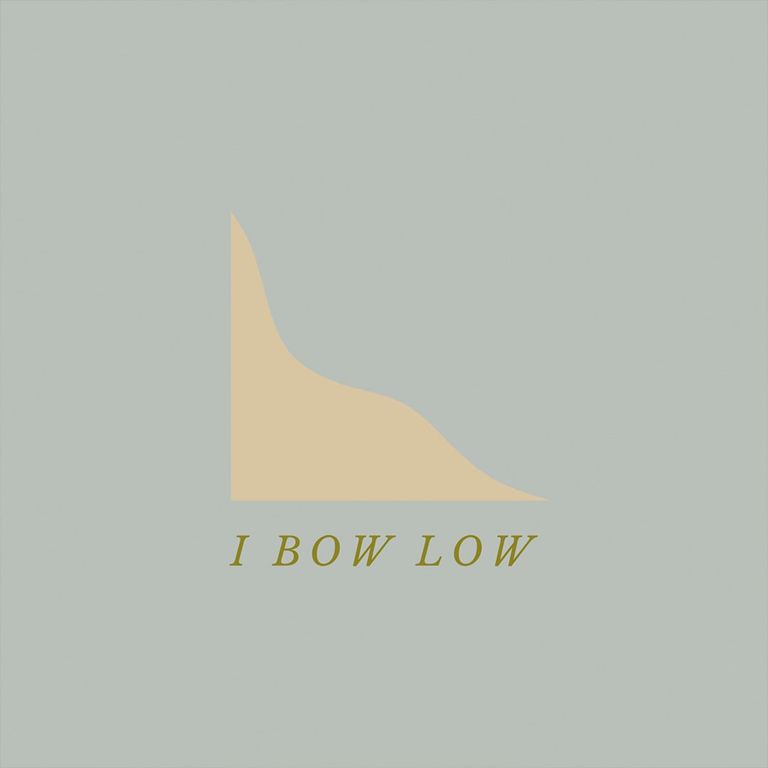 Square cover art on pale green background with a beige curved shape resembling a hill and the centred text "I BOW LOW" below