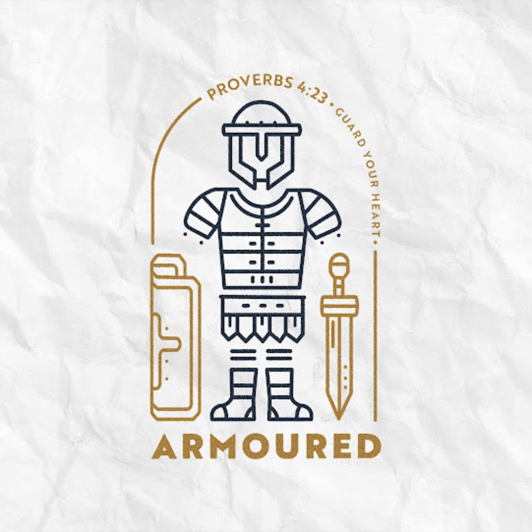 Graphic line drawing of an armoured Roman-style soldier with helmet, shield and sword, with text ‘ARMOURED’ and ‘Proverbs