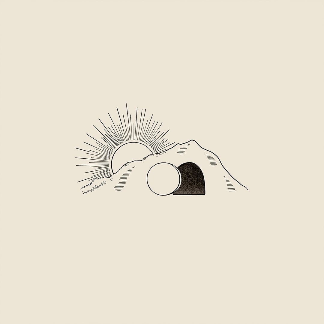 Minimal line drawing of a tomb with a rolled-away stone and a rising sun behind hills
