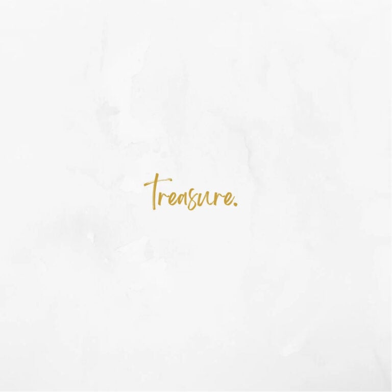 White marbled background with the gold handwritten word "Treasure."