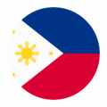 Circular image of the Philippiines flag: blue and red halves with a white triangle, yellow sun and stars