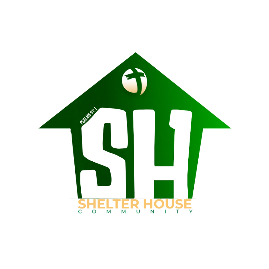 Green house-shaped logo with large white letters "SH", a round emblem above, and the words "SHELTER HOUSE COMMUNITY" below