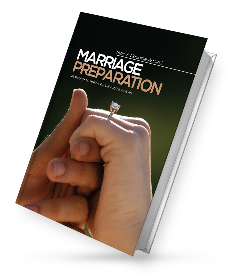 Cover of the book 'Marriage Preparation' by Mac & Naudine Adaimi showing a close-up of joined hands and an engagement ring