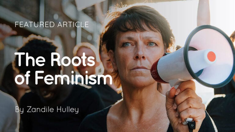 Middle-aged woman holding a megaphone at a protest with people blurred behind and overlaid title text