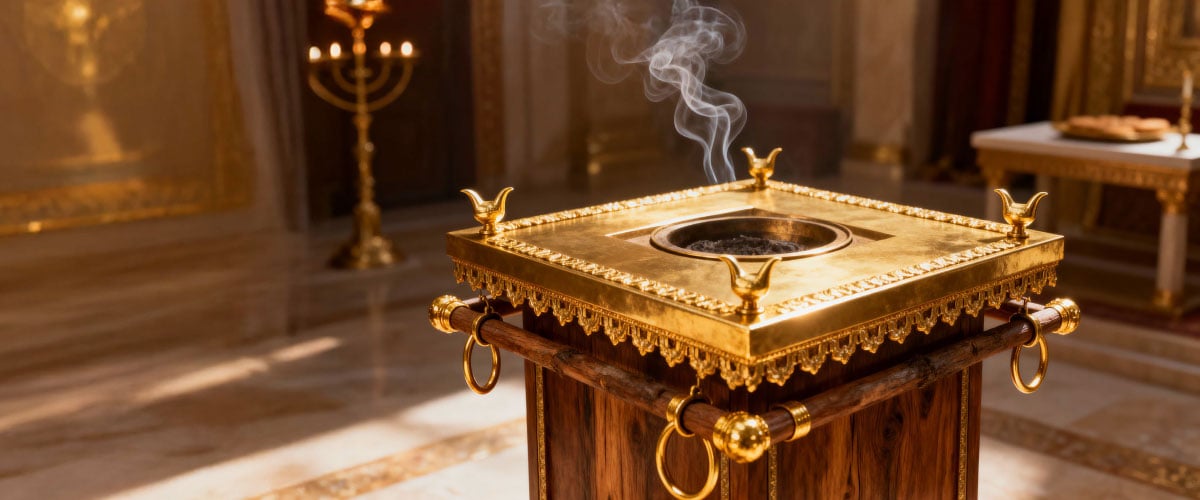 Gold-trimmed altar of incense with smoke rising on a wooden base in an ornate interior