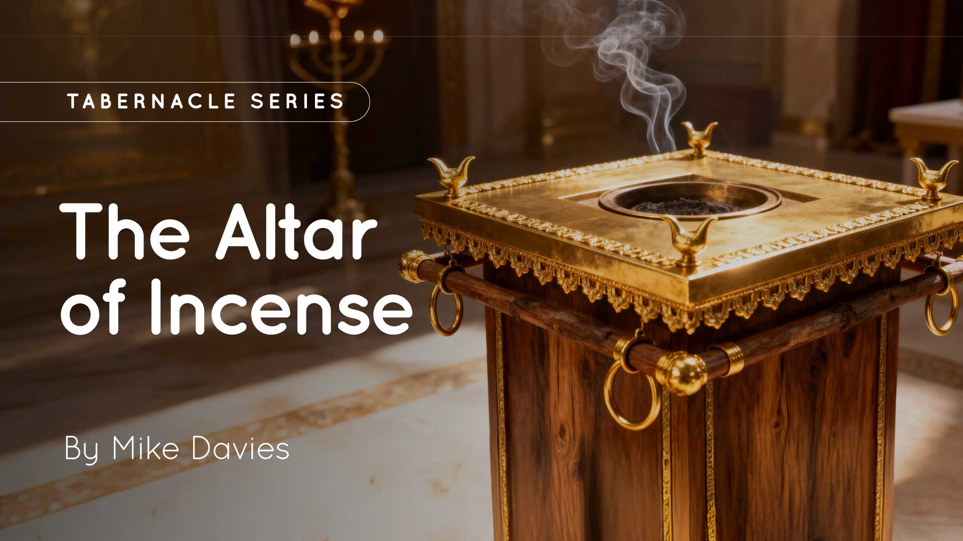 Close-up of a wooden and gold altar of incense with smoke rising from its central bowl in an interior setting