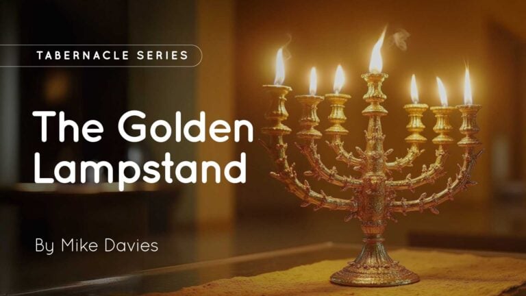 Golden seven-branched lampstand with lit candles on a table, overlaid text 'The Golden Lampstand' and 'By Mike Davies'