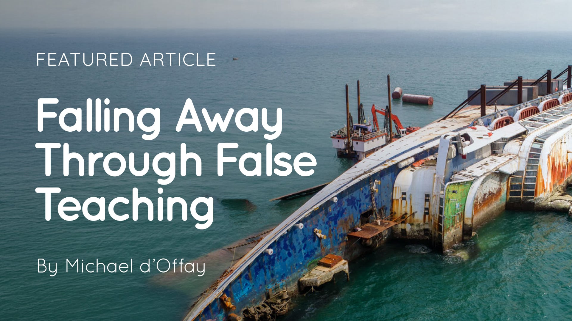 Partially capsized rusting passenger ferry wrecked in calm sea with exposed decks and breakwater structures nearby