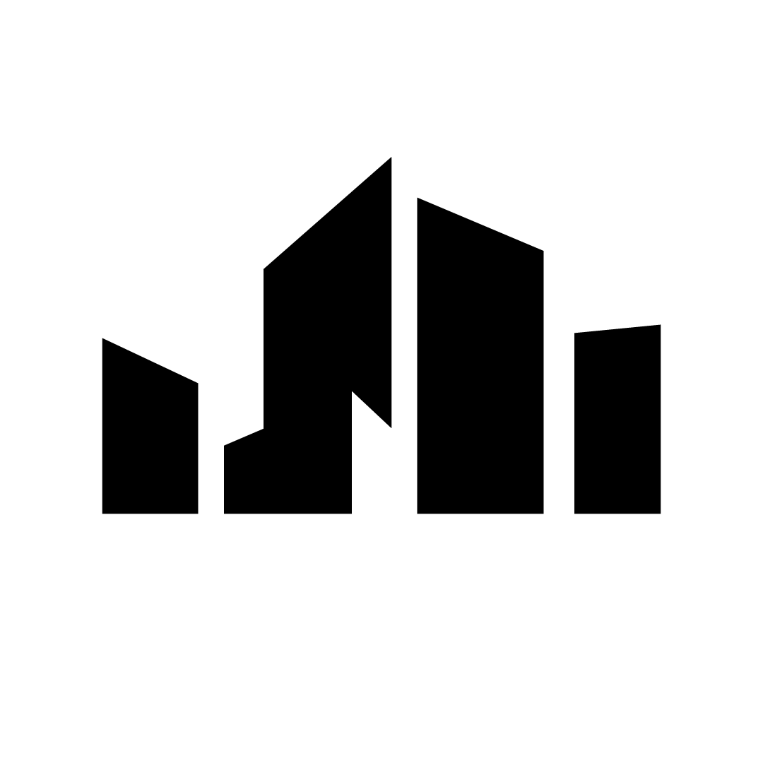 Black stylised skyline/building logo inside a white circular background