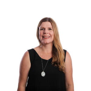 Head-and-shoulders portrait of Melanie du Toit smiling, wearing a black sleeveless top and pendant