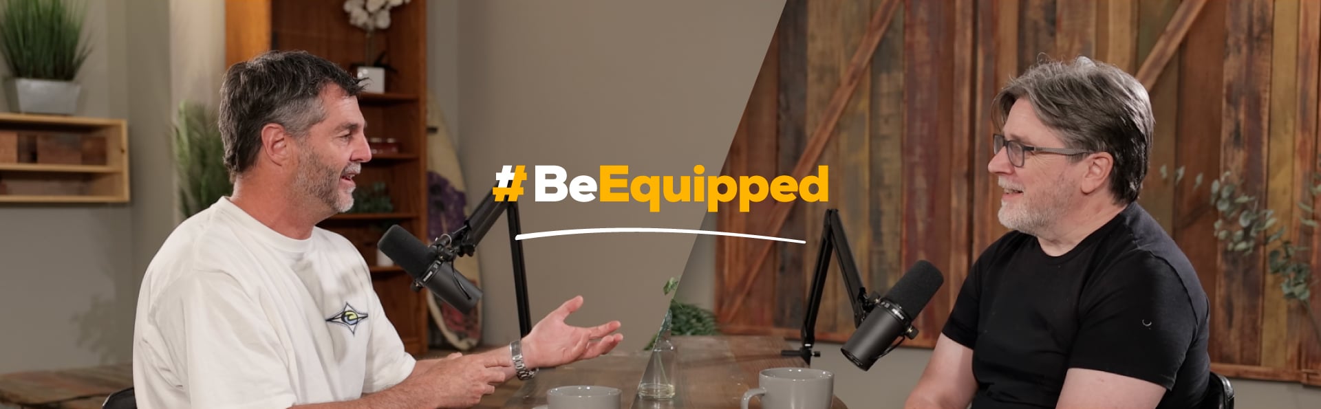 Two men seated at a table with microphones, conversing in a studio setting with ‘#BeEquipped’ graphic