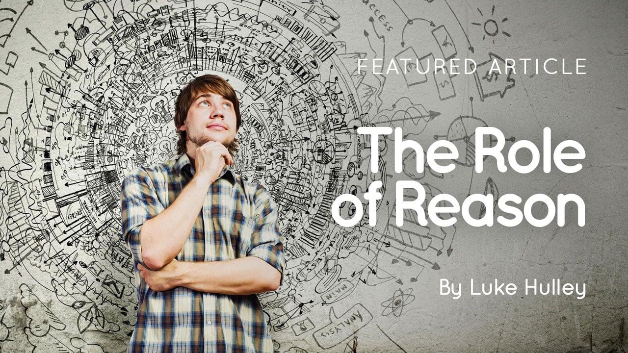 Young man standing with hand on chin in front of sketched ideas; text reads 'The Role of Reason' by Luke Hulley