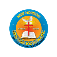 Circular colourful logo featuring a sunburst, white dove, red cross above an open Bible and text reading 'New Horizon