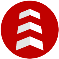 Red circular logo with four stacked white chevrons suggesting a stylised lighthouse