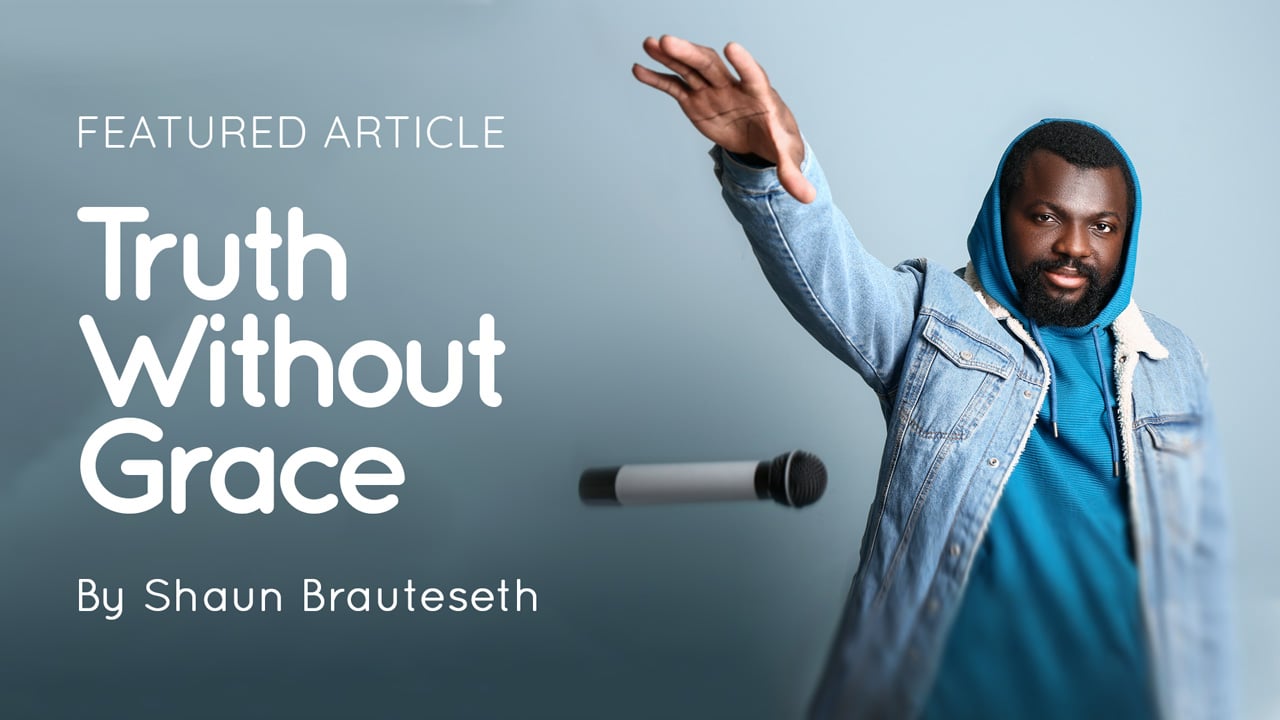Black man in denim jacket and blue hoodie tossing a microphone, with overlaid text 'Truth Without Grace' and 'By Shaun