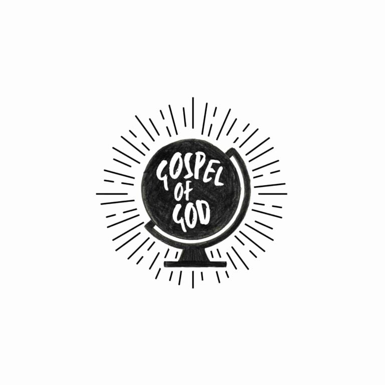 Black hand-drawn globe illustration with the words 'Gospel of God' and radiating lines on a white background