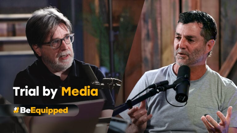Two men speaking into microphones in a studio, split-screen layout with the text 'Trial by Media' and '#BeEquipped'