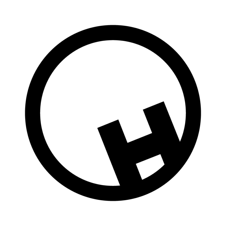 Black circular logo with a tilted letter H inside on a white background