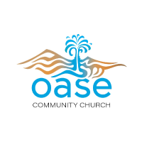 Logo for Oase Community Church showing a blue fountain over stylised brown hills above the word 'oase' and 'COMMUNITY CHURCH'