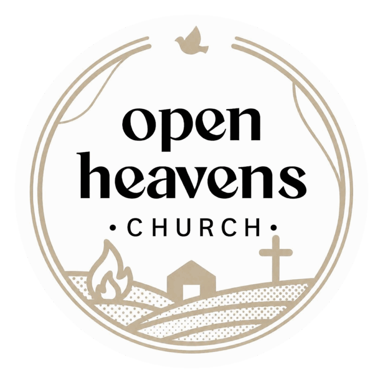 Circular logo reading 'open heavens CHURCH' with a dove, flame, small house, cross and stylised fields