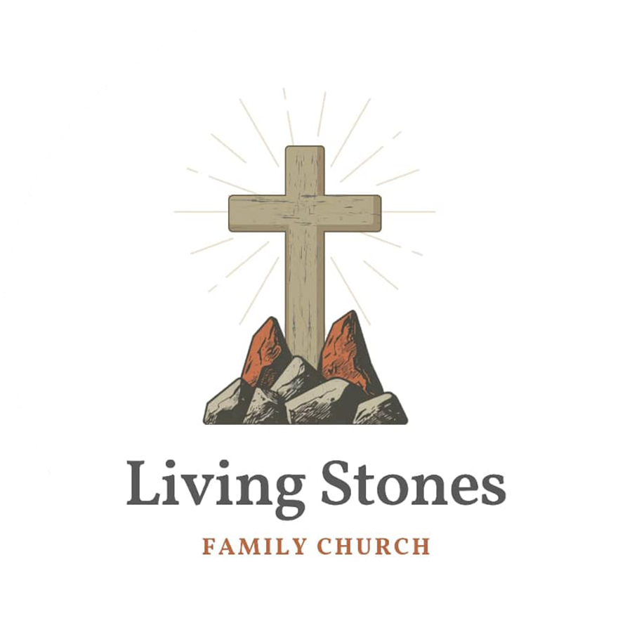 Circular logo showing a wooden cross on rocks with rays above and the text "Living Stones Family Church"