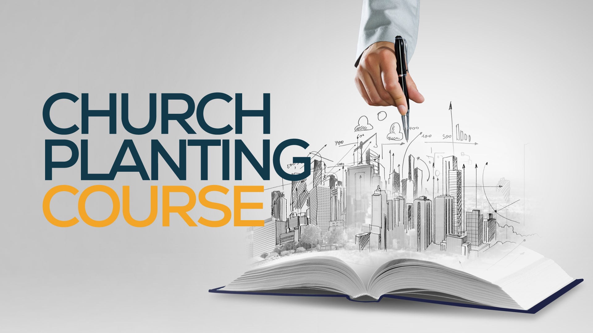 Open book with a sketched city rising from its pages, a hand drawing with a pen and the words 'CHURCH PLANTING COURSE'
