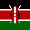 Flag of Kenya with horizontal black, white, red, white and green bands and a central red Maasai shield with crossed white