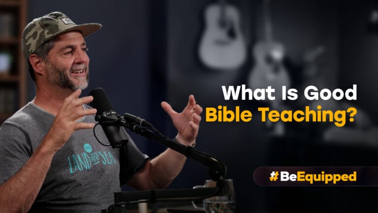Man in cap speaking into a studio microphone beside on-screen text 'What Is Good Bible Teaching?'
