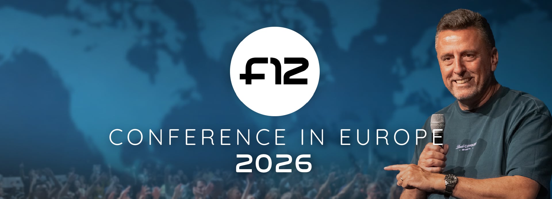 Banner for F12 Conference in Europe 2026 showing a speaker with a microphone, a cheering crowd and a faint world map