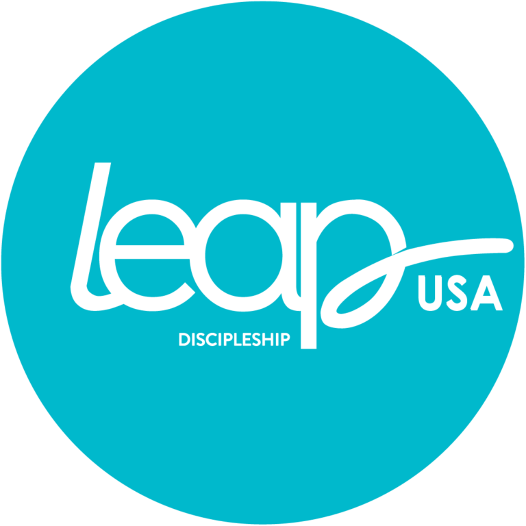 Turquoise circular logo with white stylised 'leap' text, small 'DISCIPLESHIP' below and 'USA' at right