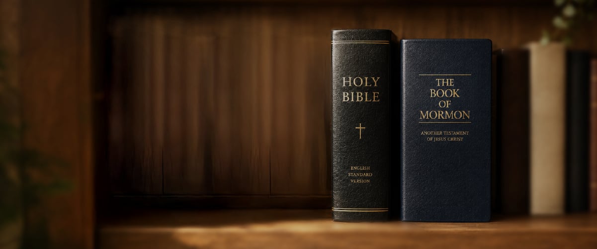A Holy Bible and The Book of Mormon standing side by side on a wooden shelf