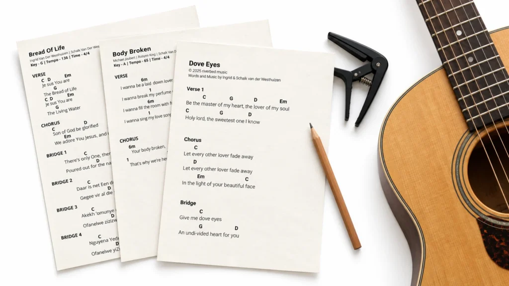 Printed lyric and chord sheets beside an acoustic guitar, capo and pencil on a white surface