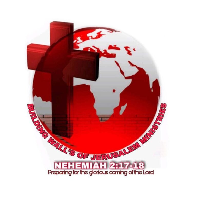 Red cross over a globe with brick walls and text reading “Building Wall’s of Jerusalem Ministries”