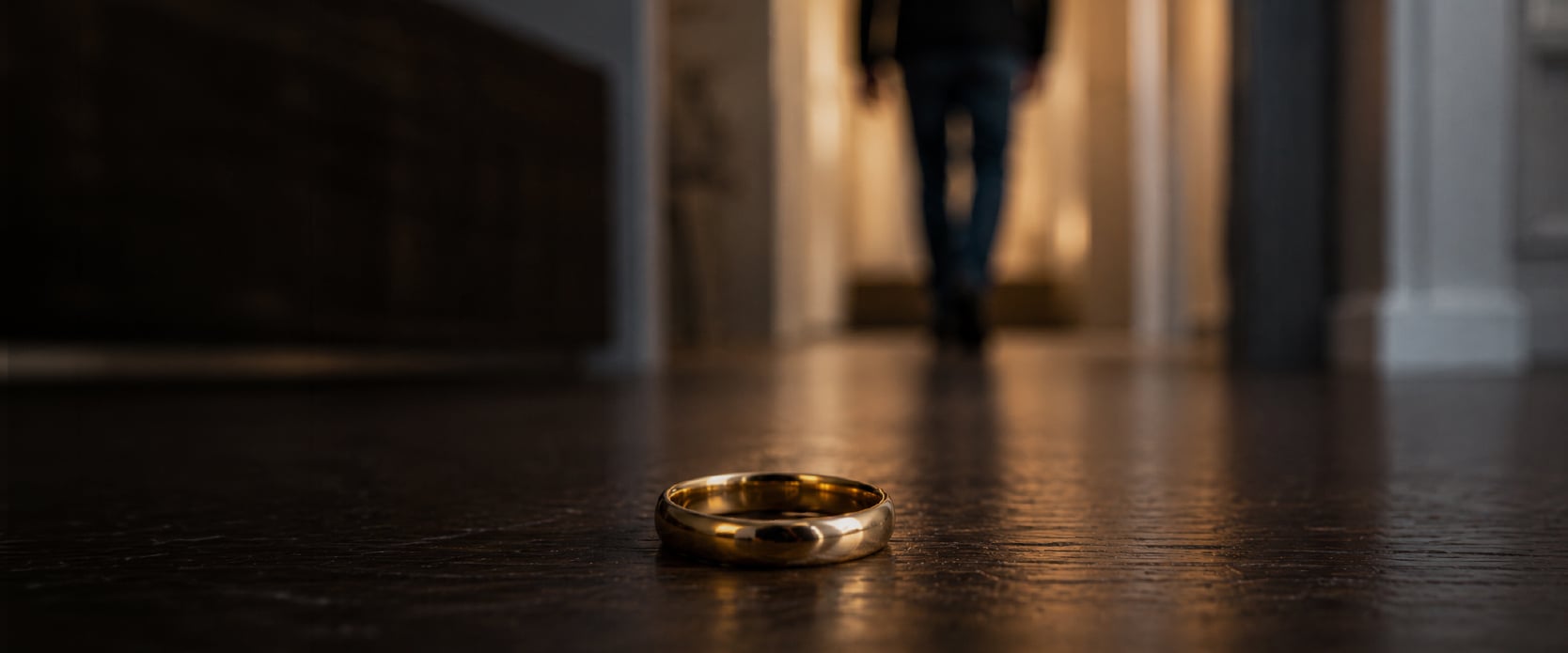 A gold ring lies on a polished wooden floor in a dimly lit hallway, with a blurred figure in the background