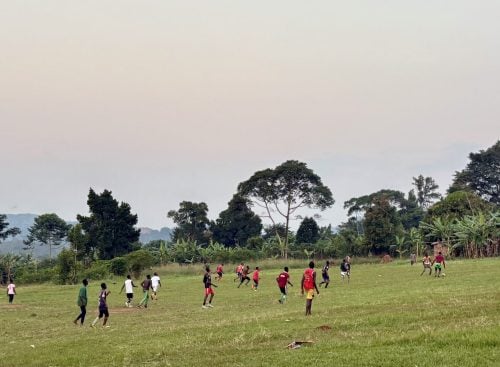 Wide grassy field with a group of people playing football near trees at dusk