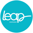Turquoise square logo with white stylised word 'leap' and small text 'DISCIPLESHIP' beneath